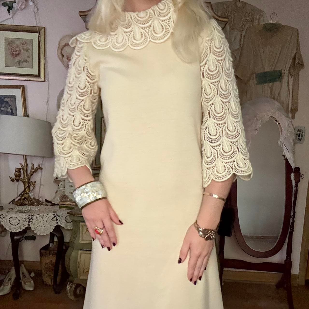 1960s cream knit dress, view 2
