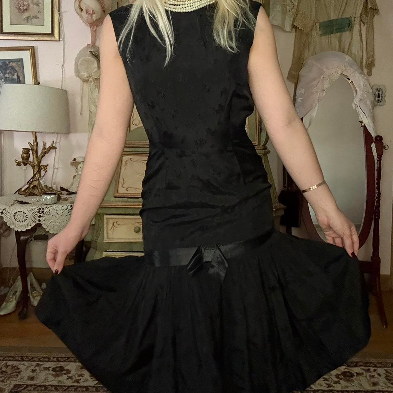 1960s black sleeveless cocktail midi dress with drop waist, view 2