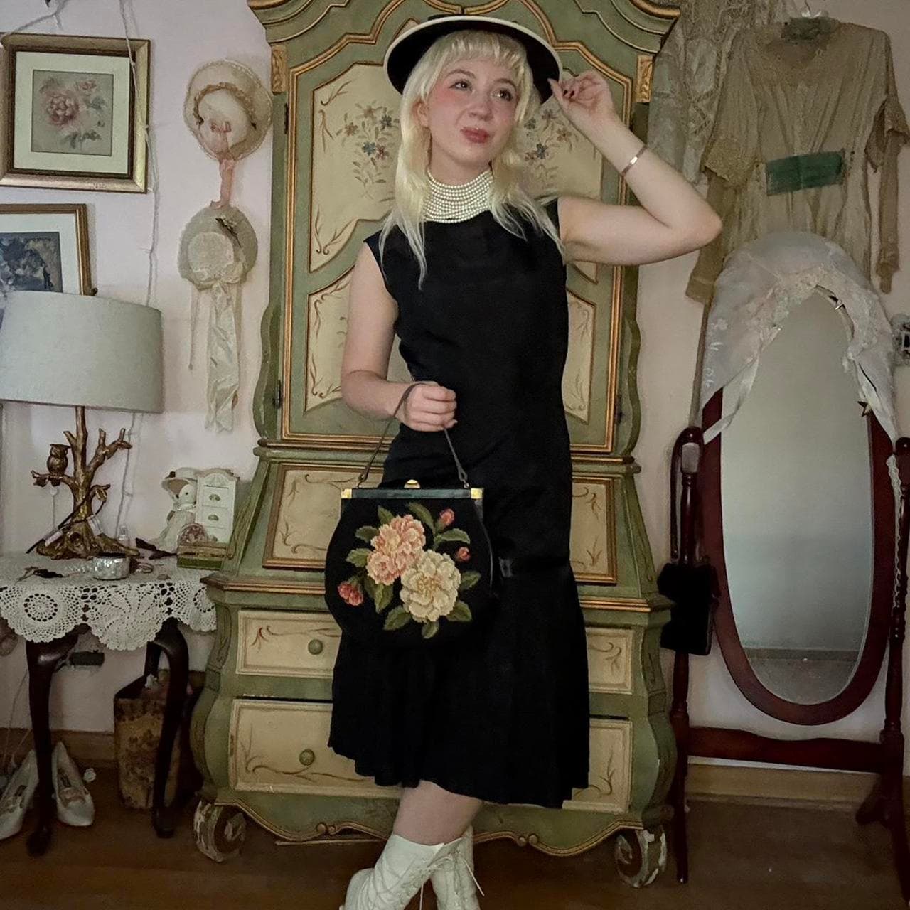 1960s black sleeveless cocktail midi dress with drop waist, view 3