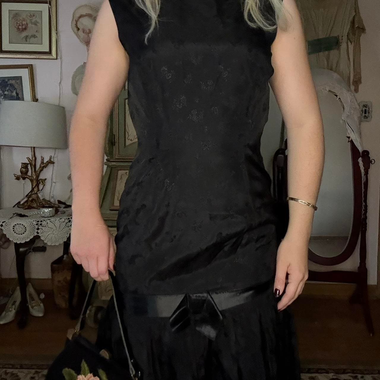 1960s black sleeveless cocktail midi dress with drop waist, view 4