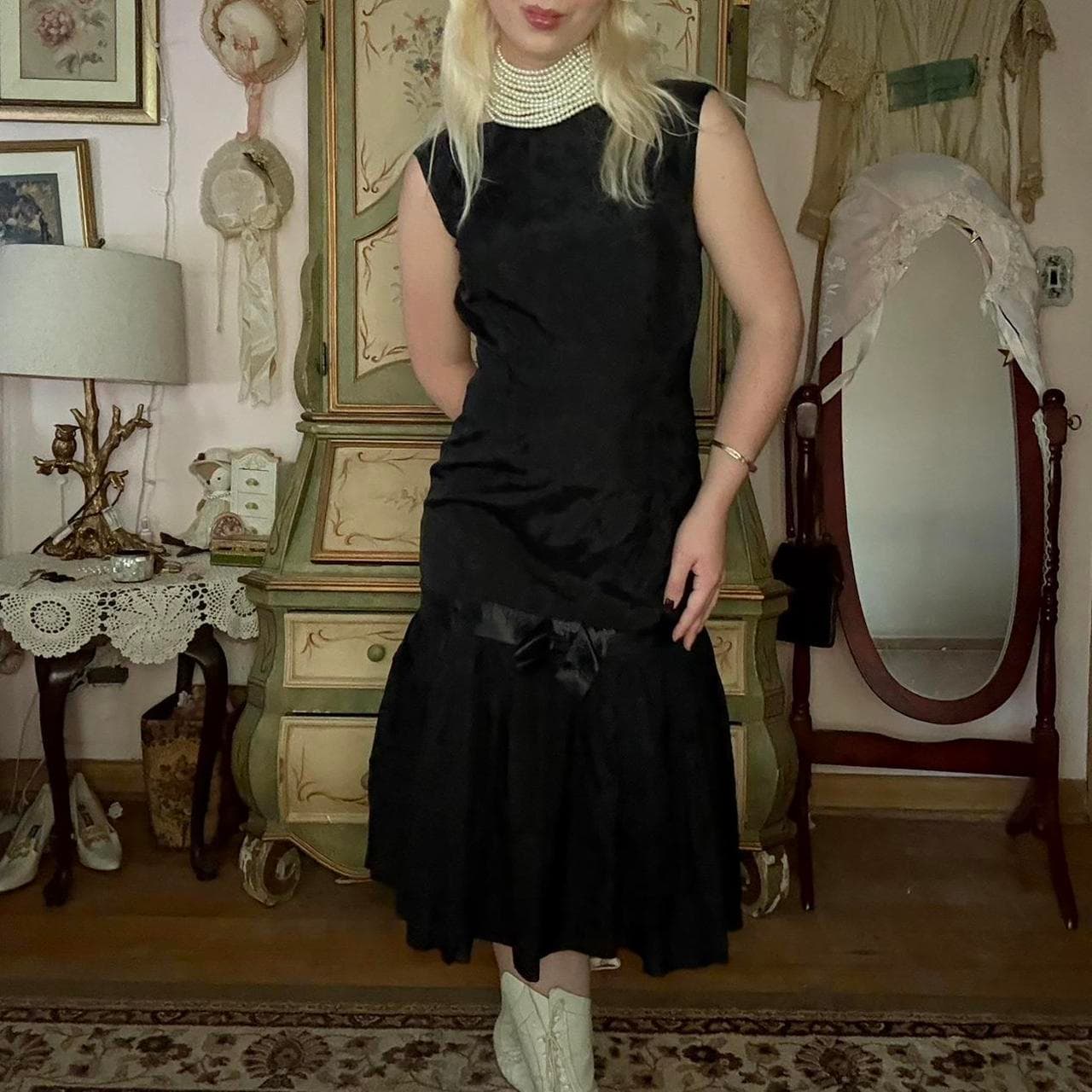 1960s black sleeveless cocktail midi dress with drop waist, view 5