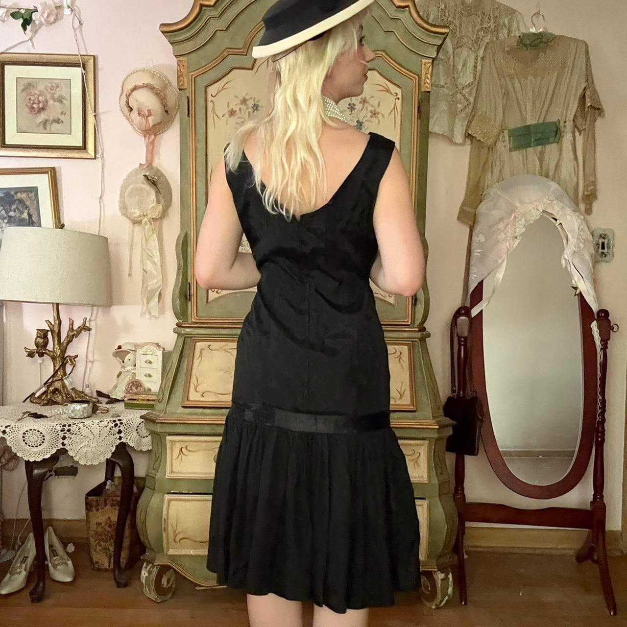 1960s black sleeveless cocktail midi dress with drop waist, view 6