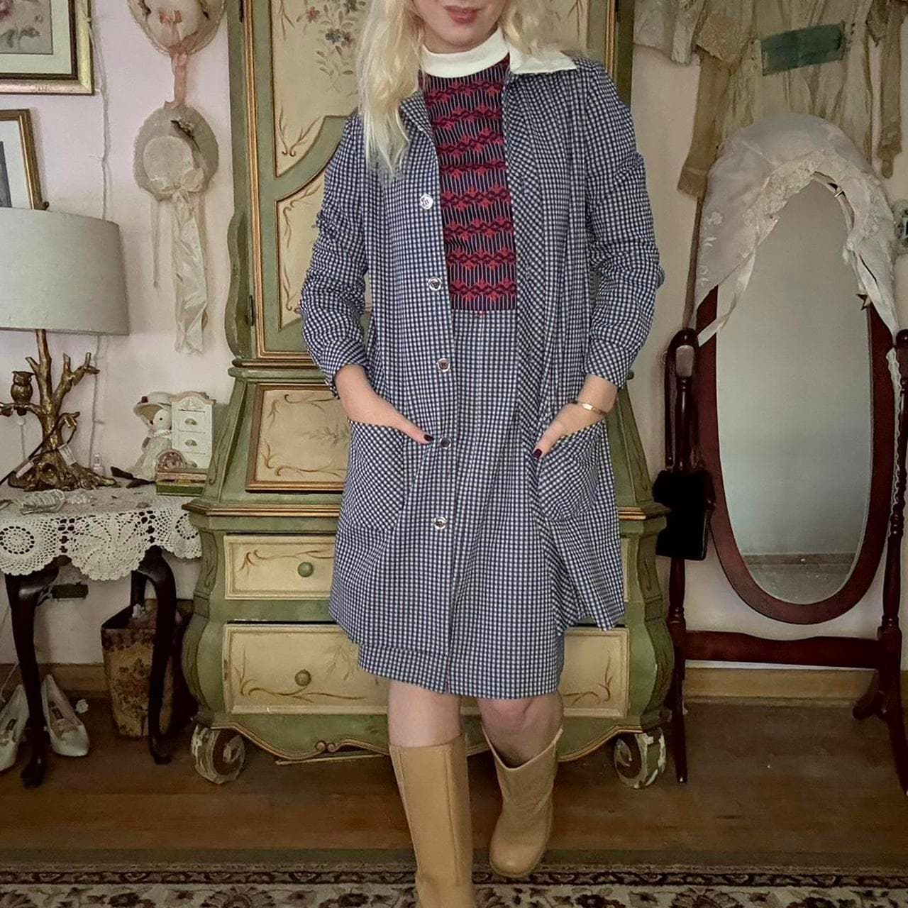 70s vintage plaid coat and dress set