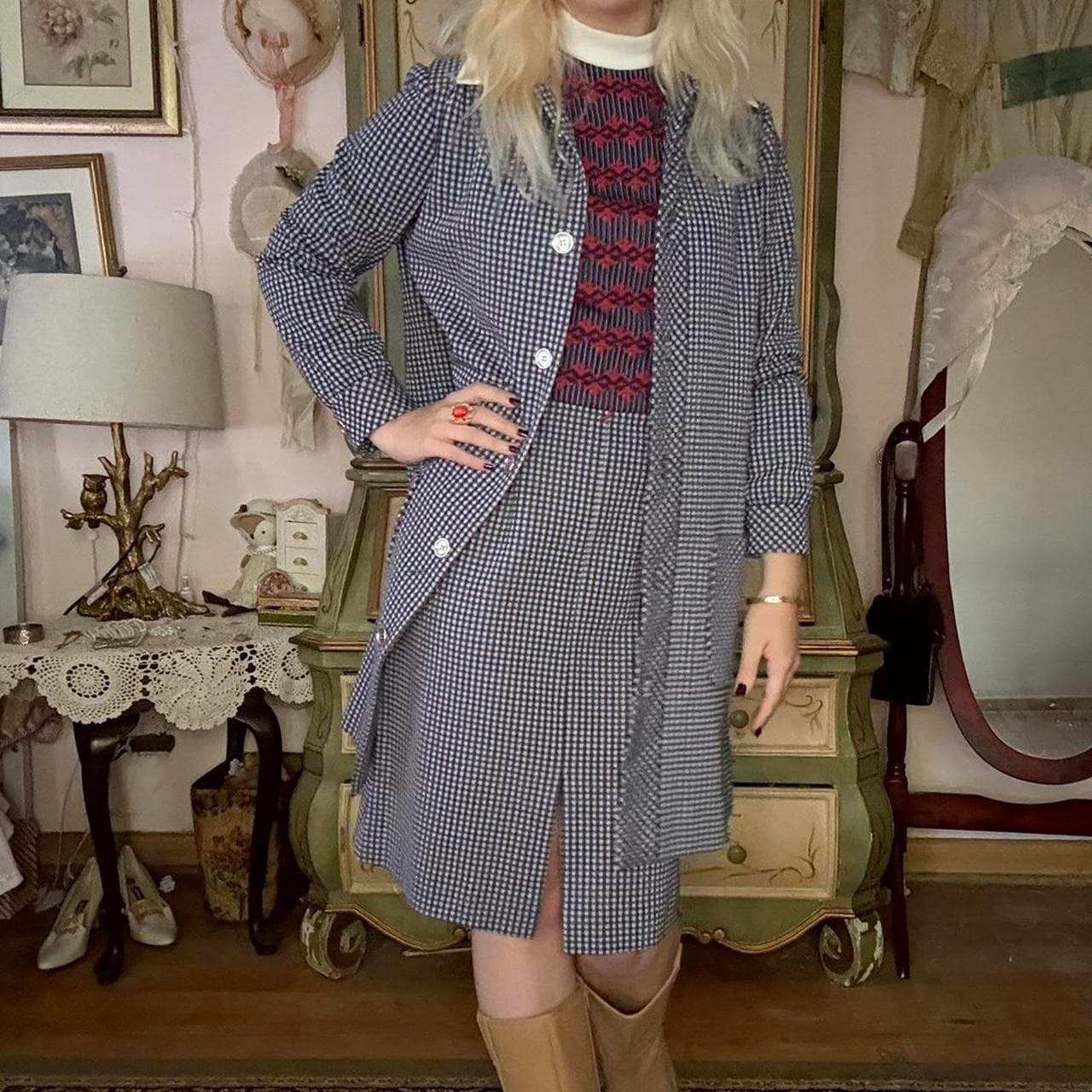 1970s vintage plaid coat and dress set, view 2