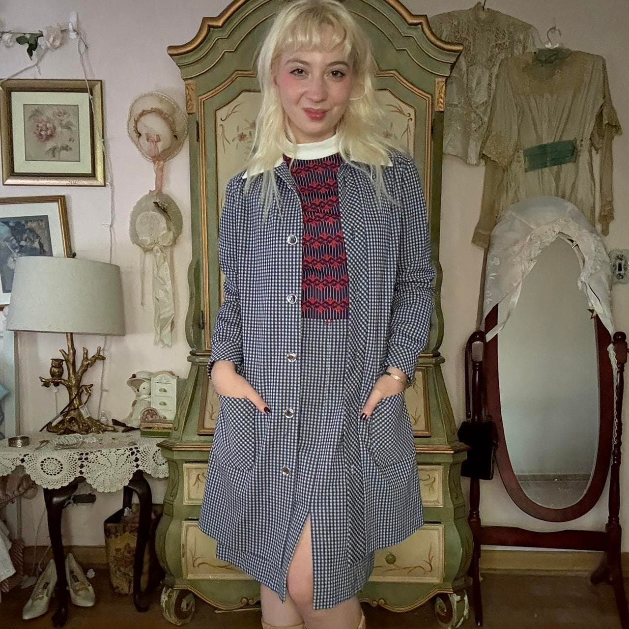 1970s vintage plaid coat and dress set, view 3