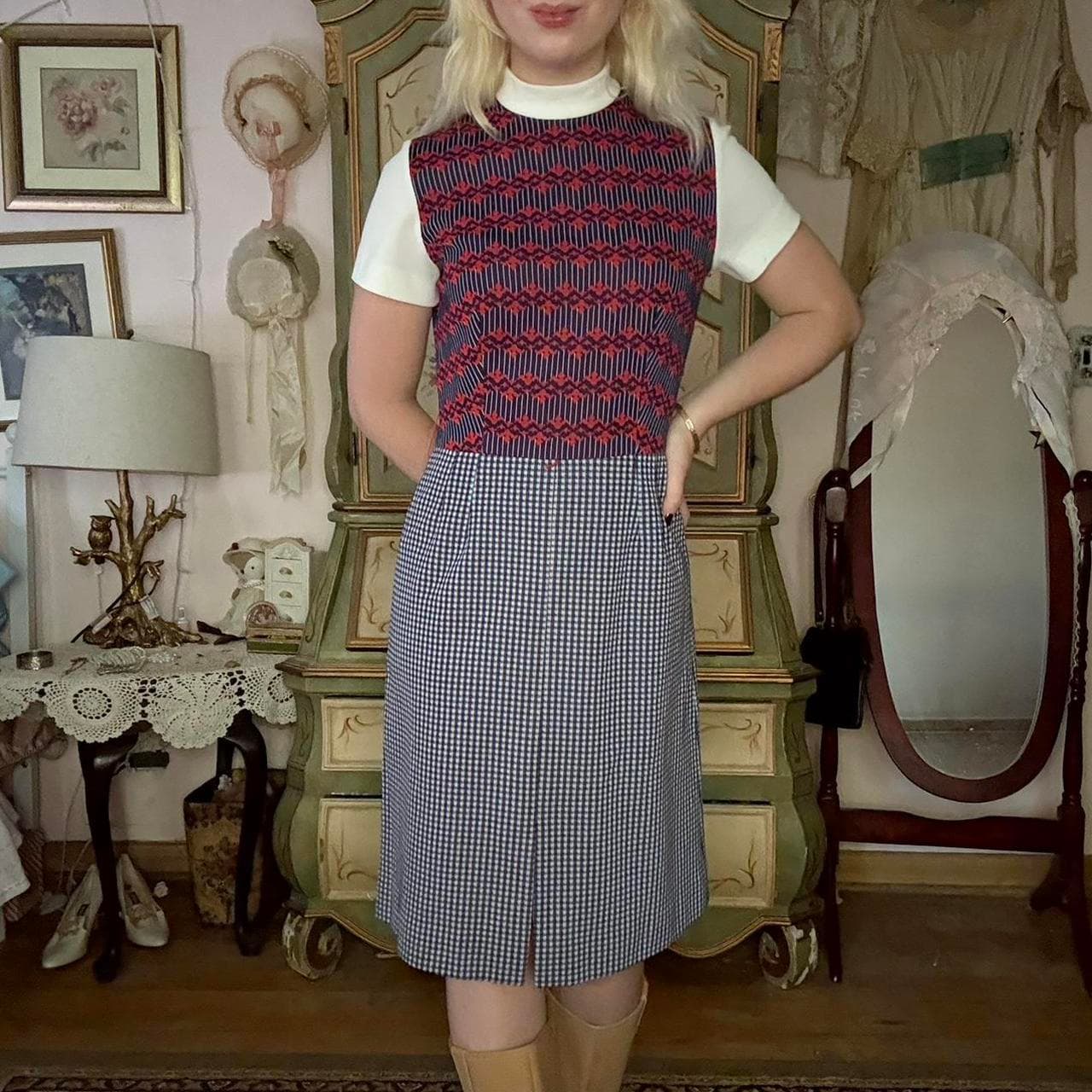 1970s vintage plaid coat and dress set, view 5