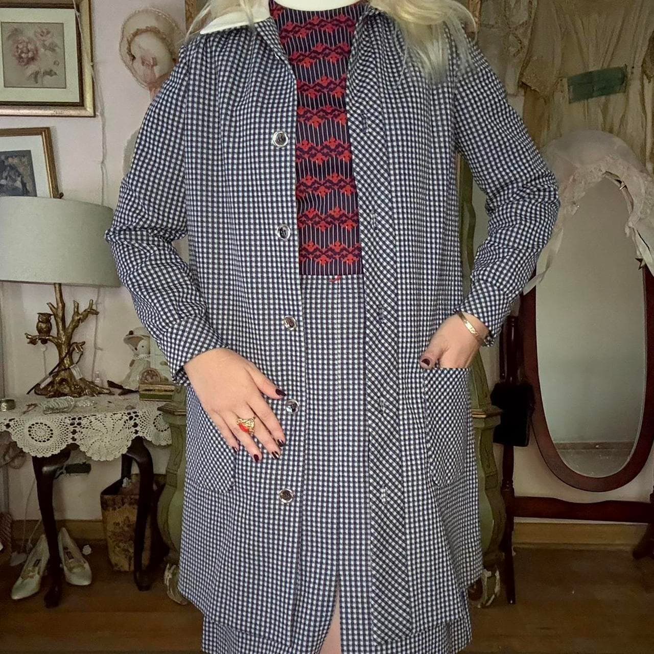 1970s vintage plaid coat and dress set, view 6