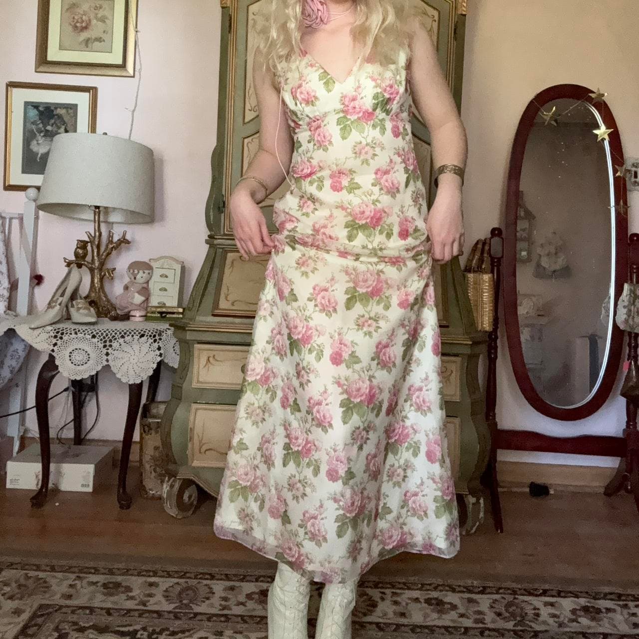 1970s ivory floral dress with pink flowers