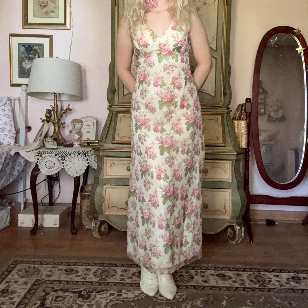 1970s ivory floral dress with pink flowers, view 2