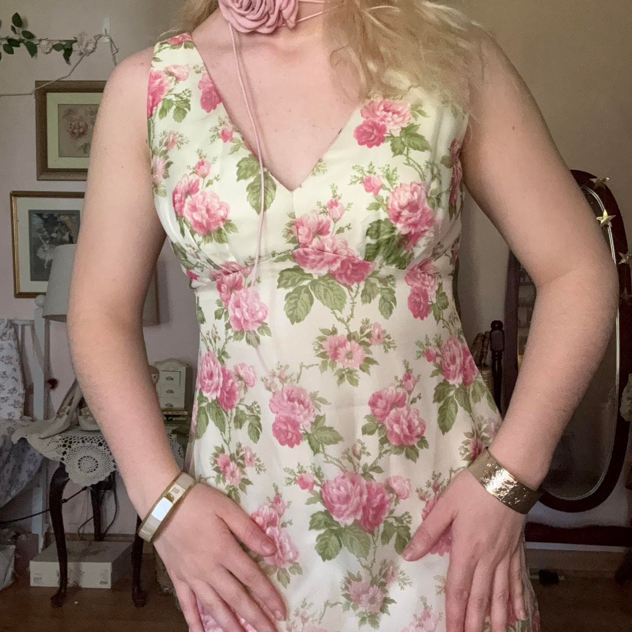 1970s ivory floral dress with pink flowers, view 3