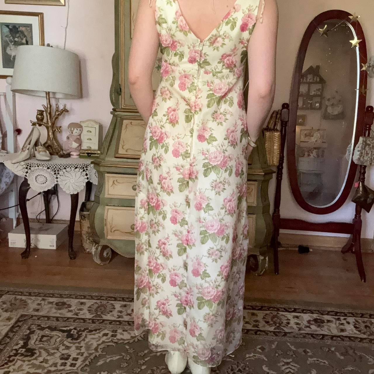1970s ivory floral dress with pink flowers, view 4
