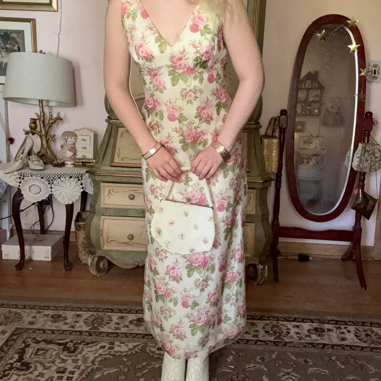 1970s ivory floral dress with pink flowers, view 5