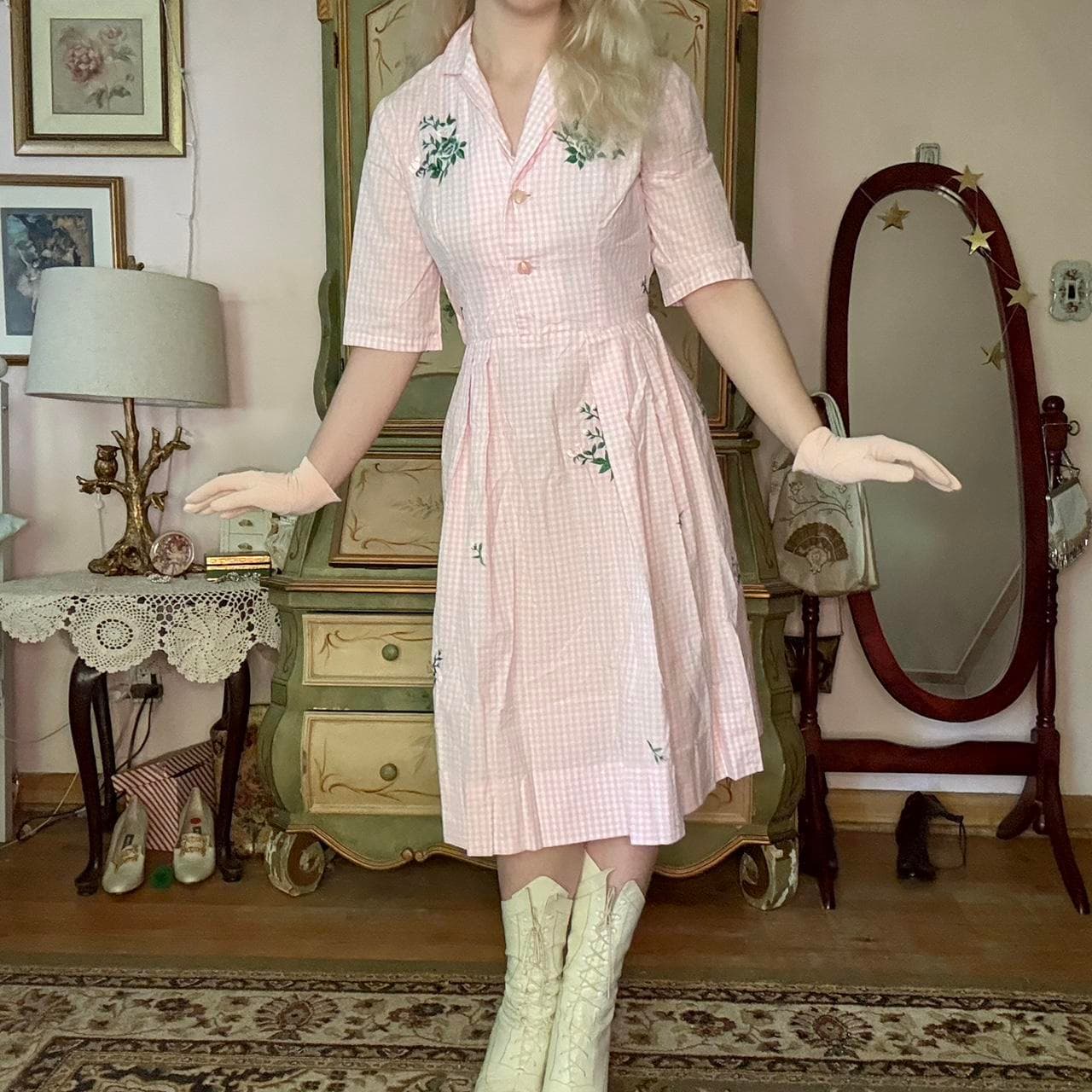1950s gingham shirt dress, view 2