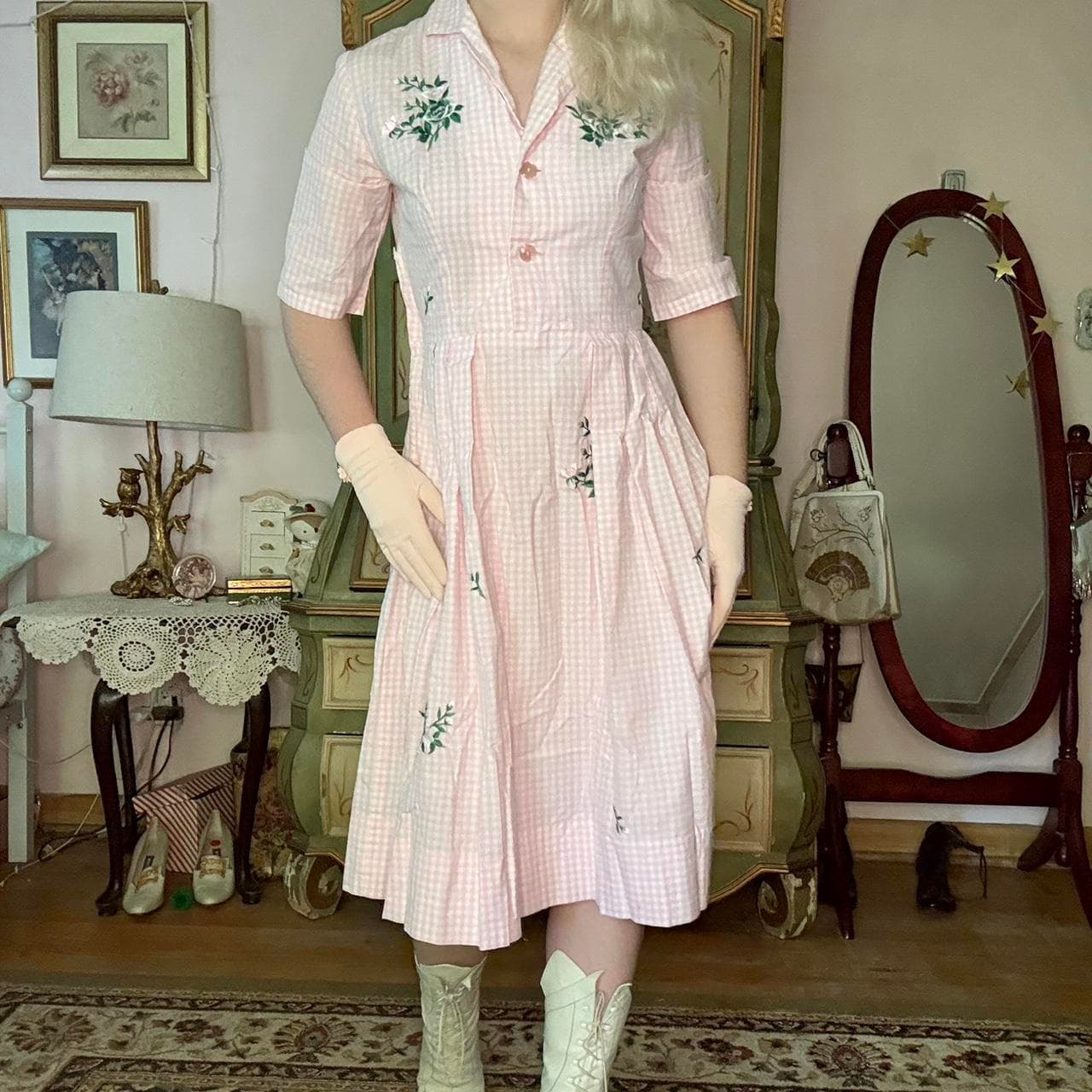 1950s gingham shirt dress, view 3