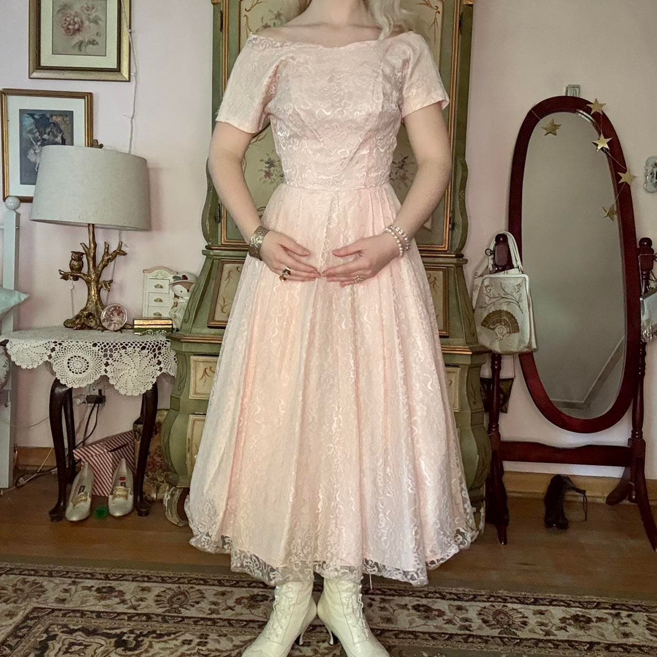 1950s pink lace off the shoulder fit and flare dress
