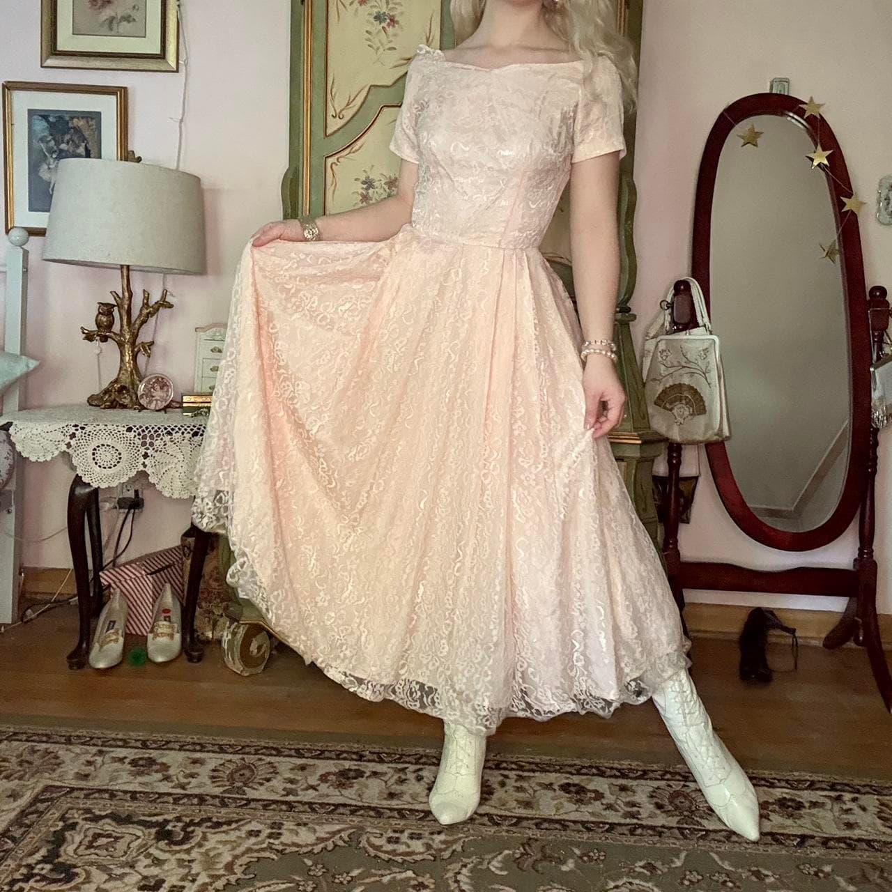 1950s pink lace off the shoulder fit and flare dress, view 2