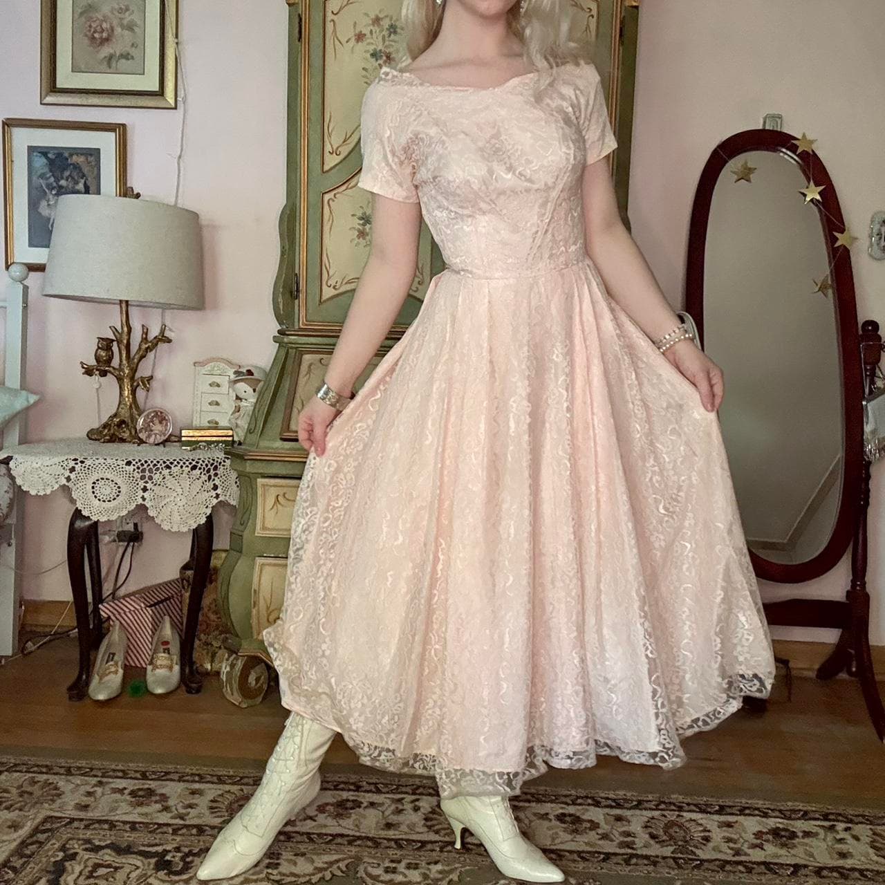 1950s pink lace off the shoulder fit and flare dress, view 3