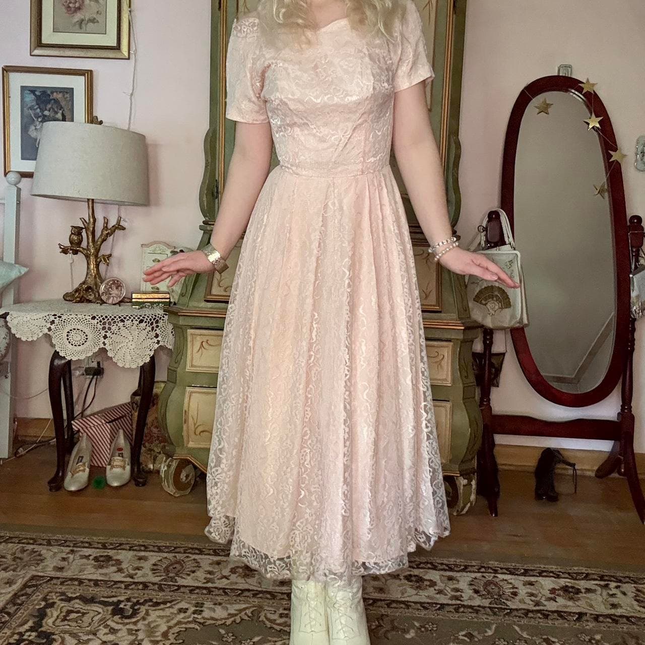 1950s pink lace off the shoulder fit and flare dress, view 4