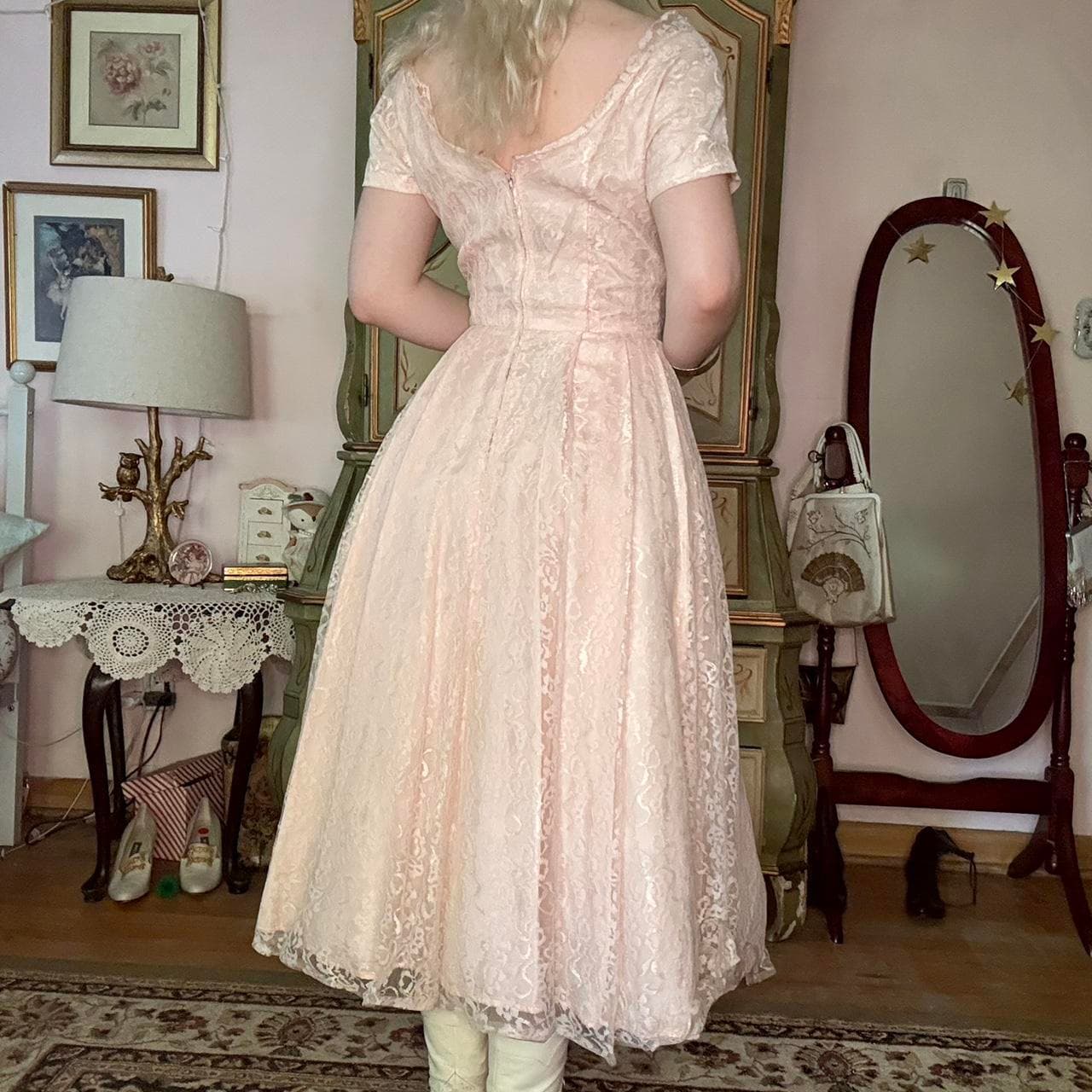 1950s pink lace off the shoulder fit and flare dress, view 5