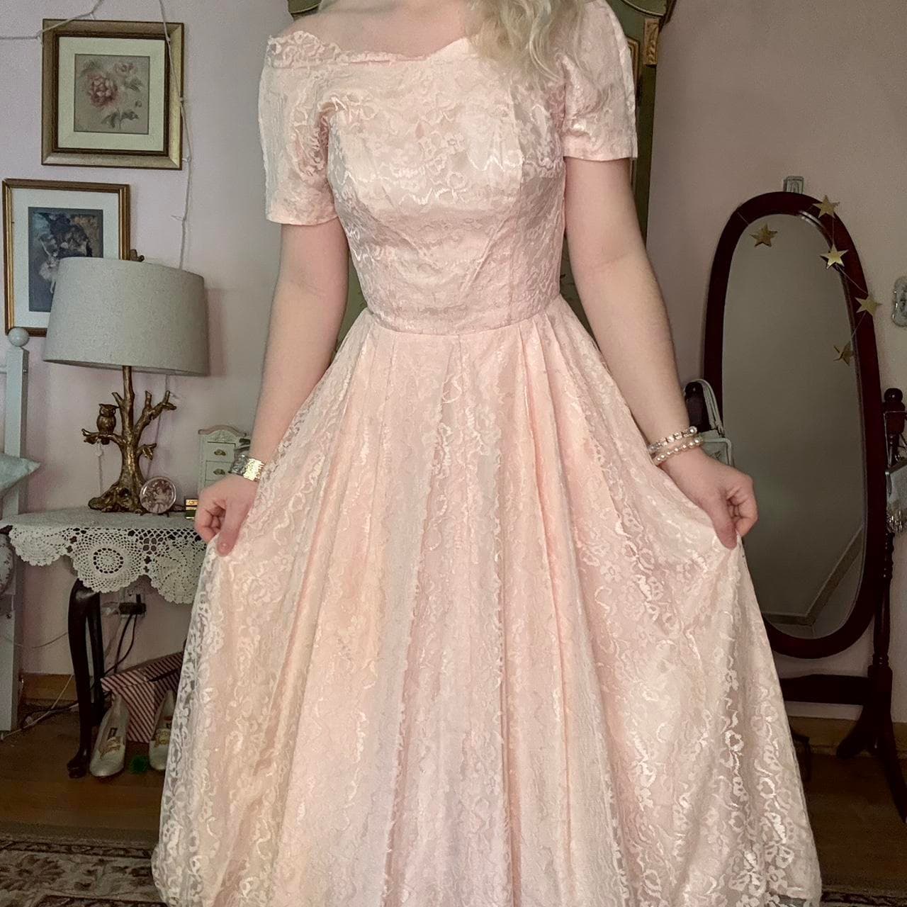 1950s pink lace off the shoulder fit and flare dress, view 6