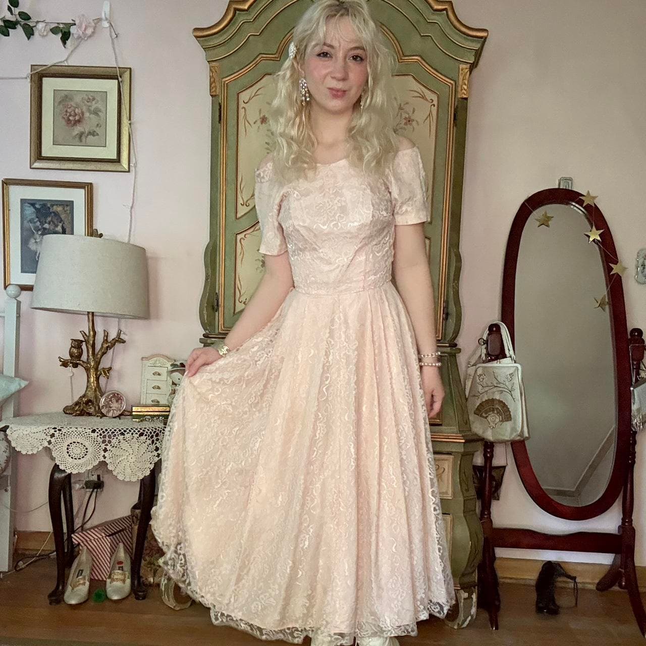 1950s pink lace off the shoulder fit and flare dress, view 7