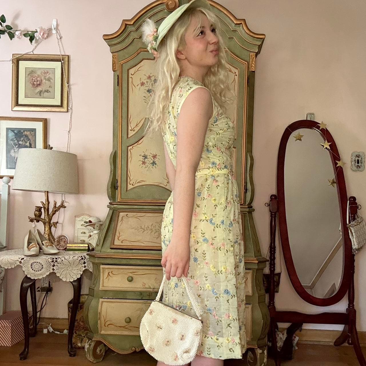 1950s yellow/green floral wiggle dress, view 3
