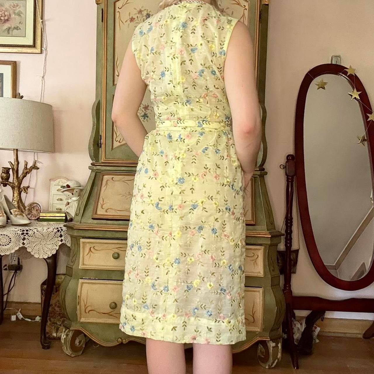 1950s yellow/green floral wiggle dress, view 6