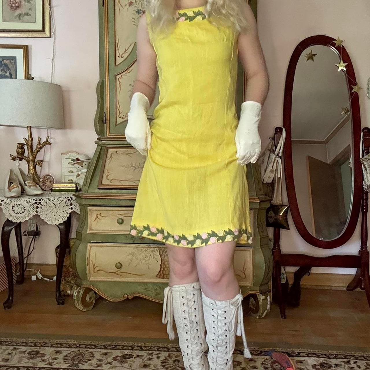 1960s yellow shift dress with floral appliqué at neckline and hemline