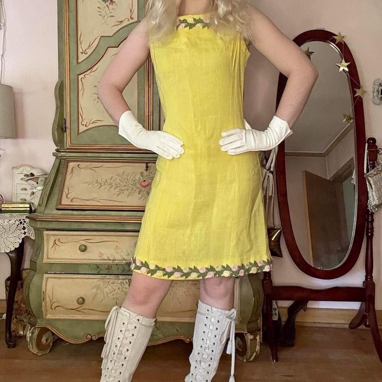 1960s yellow shift dress with floral appliqué at neckline and hemline, view 2