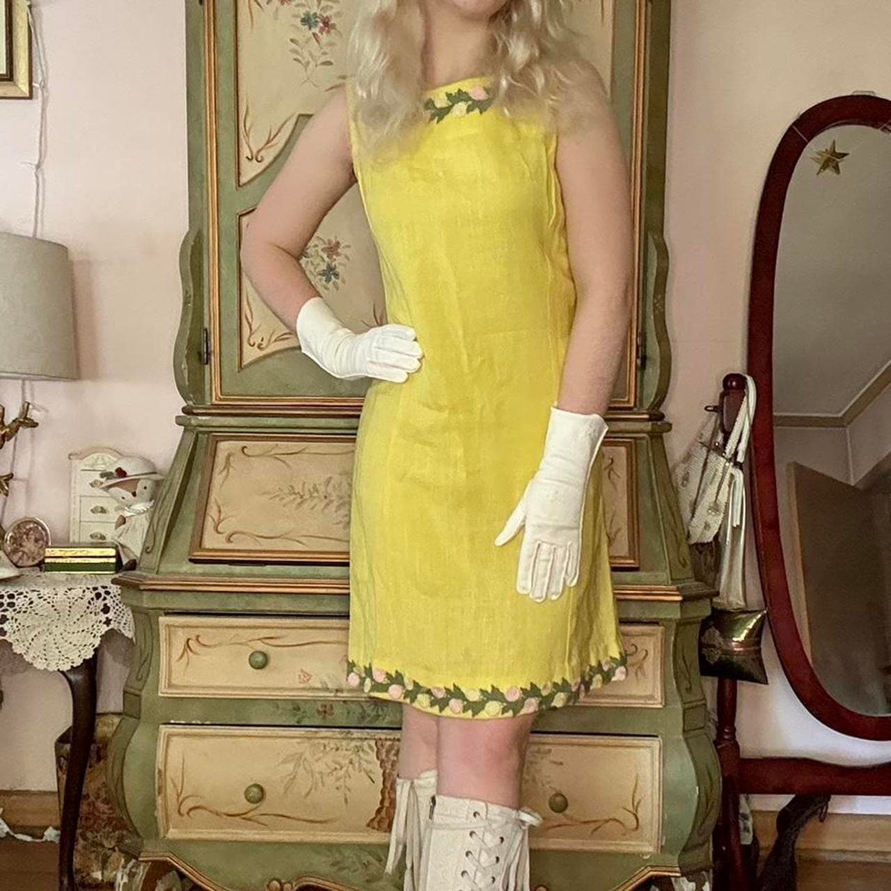 1960s yellow shift dress with floral appliqué at neckline and hemline, view 3