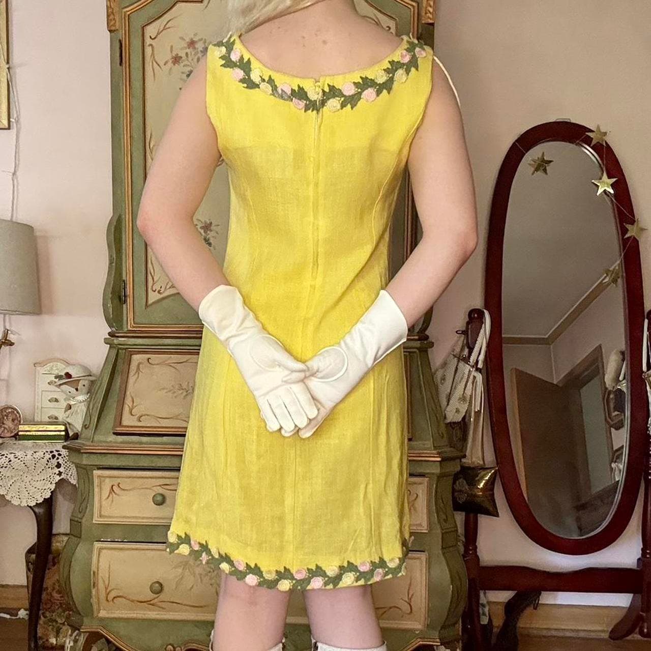 1960s yellow shift dress with floral appliqué at neckline and hemline, view 4