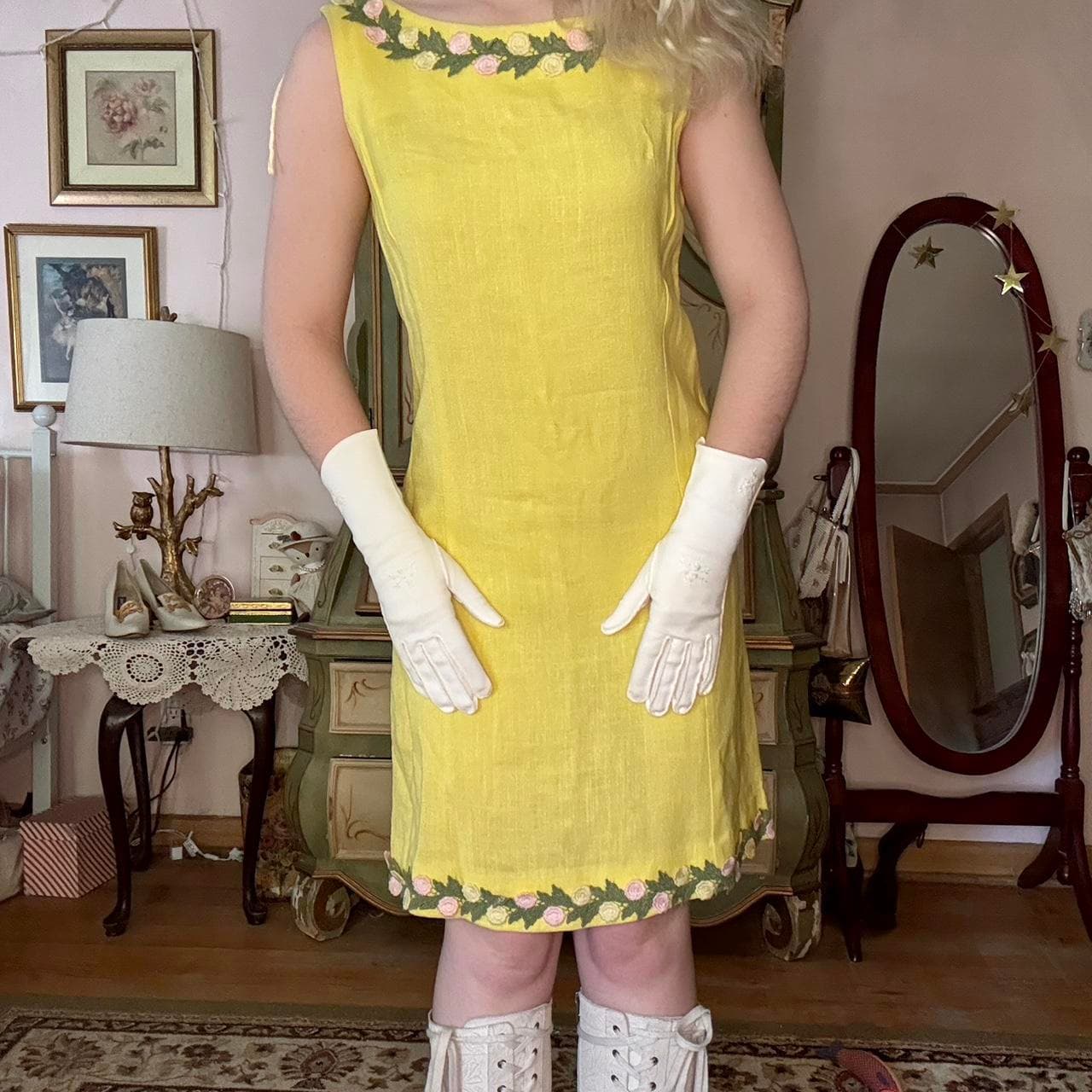 1960s yellow shift dress with floral appliqué at neckline and hemline, view 5