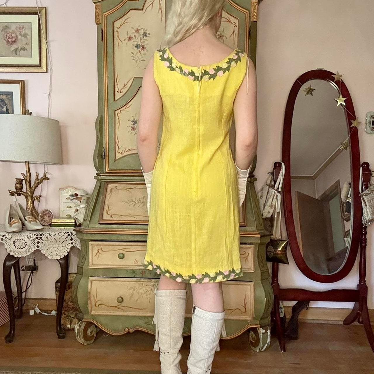 1960s yellow shift dress with floral appliqué at neckline and hemline, view 6