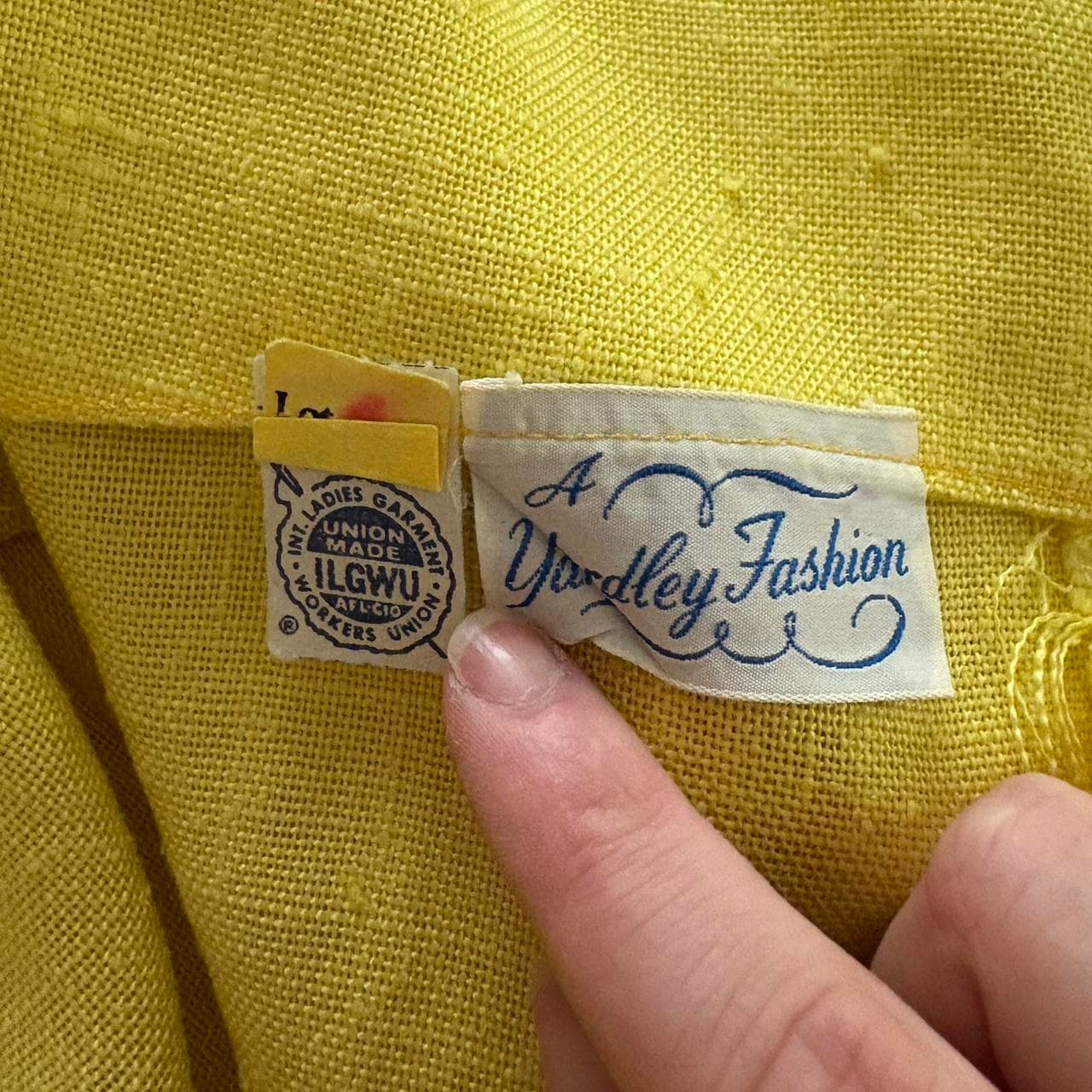 1960s yellow shift dress with floral appliqué at neckline and hemline, view 7
