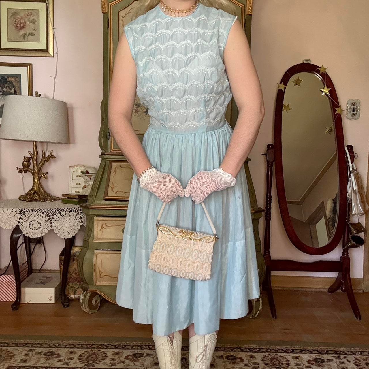 1950s pale blue cotton dress, view 2